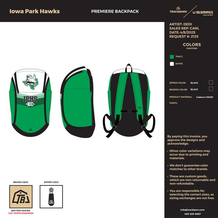 Iowa Park Hawks / Lady Hawks - Premiere Backpack - Green - TrackBarn