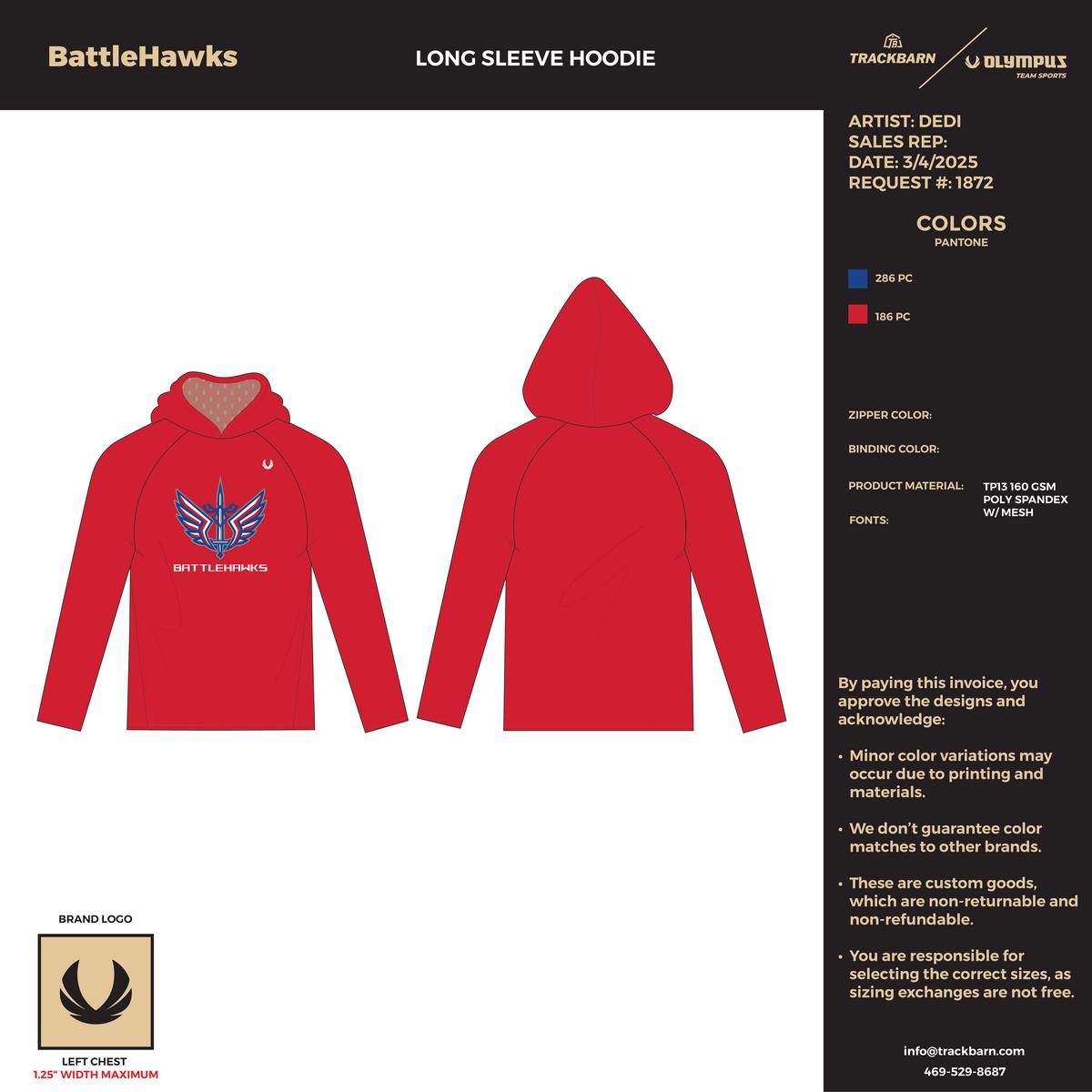 BattleHawks - Youth Long Sleeve Hoodie - Red