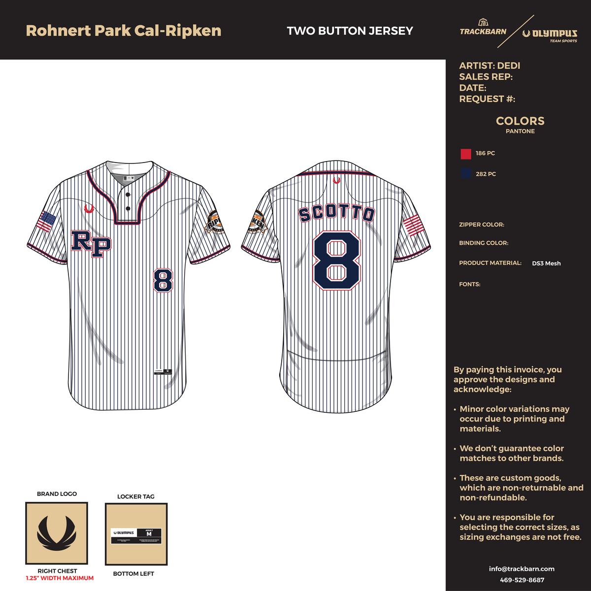 Rohnert Park Cal-Ripken 12U Blue Team  - 2-Button Jersey - White