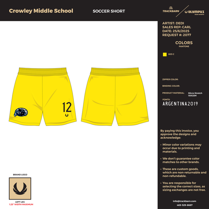Crowley Middle School Boys 8th - Youth Premium Soccer Shorts - (1046) - TrackBarn