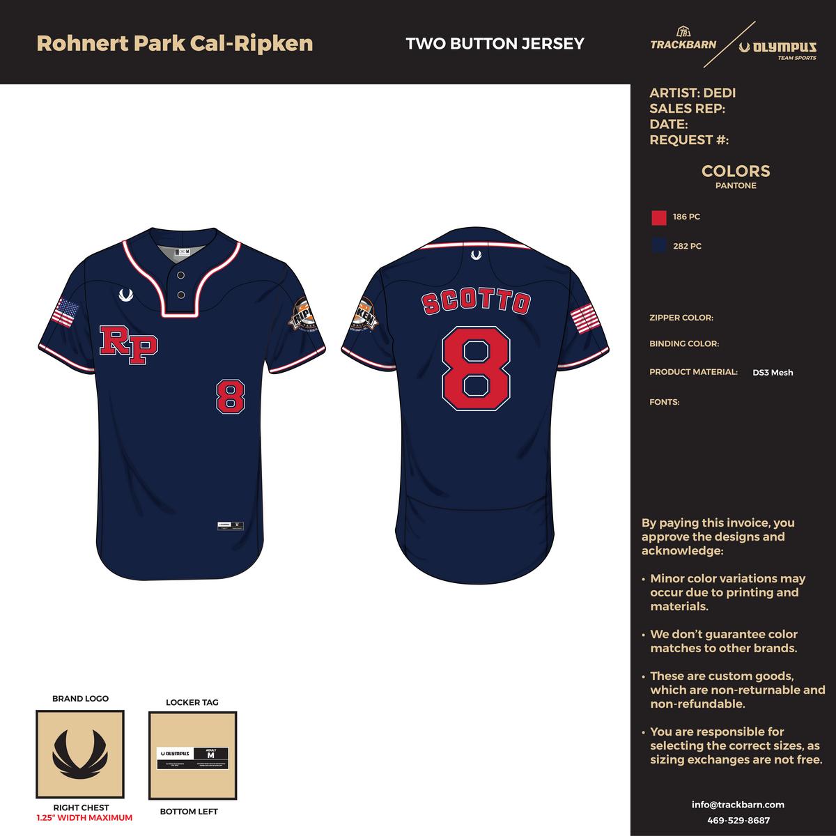 Rohnert Park Cal-Ripken 12U Blue Team  - 2-Button Jersey - Blue