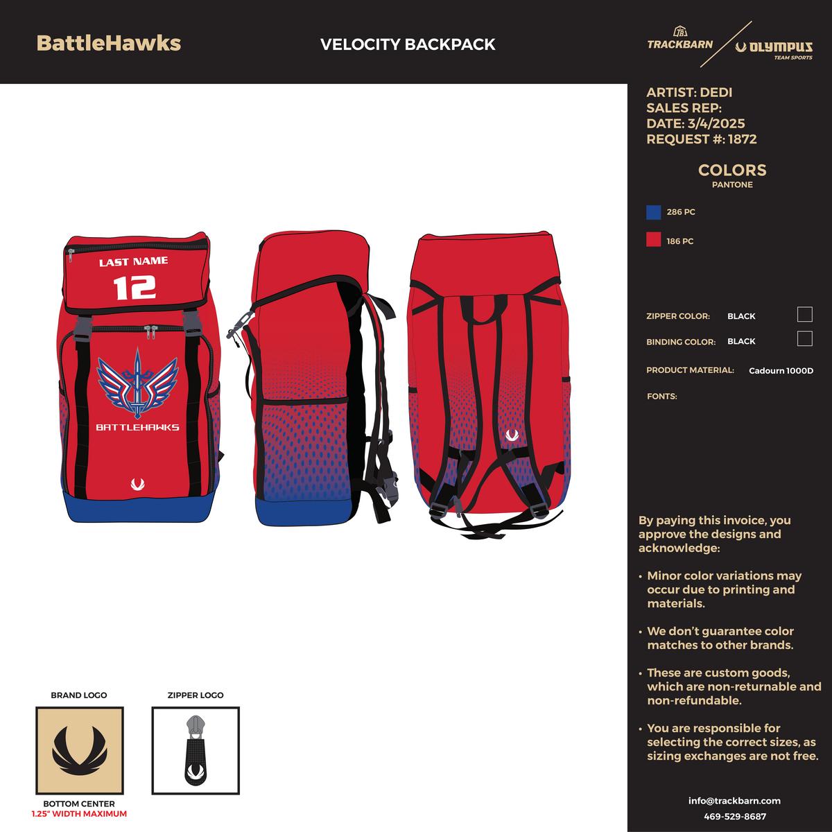 BattleHawks - Velocity Backpack - Red