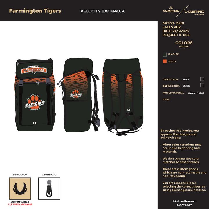 Farmington Tigers - Velocity Backpack - Black - TrackBarn