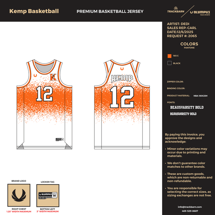 Kemp Basketball - Premium Basketball Jersey (1056) - TrackBarn