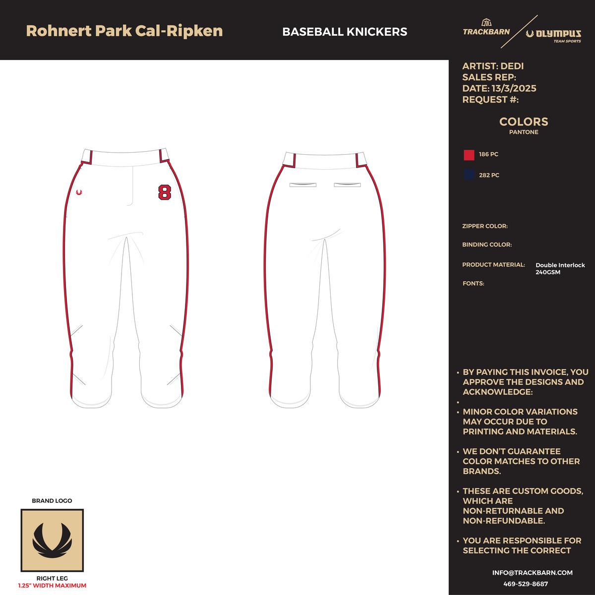 Rohnert Park Cal - Ripken 12U Red Team - Knickers - TrackBarn